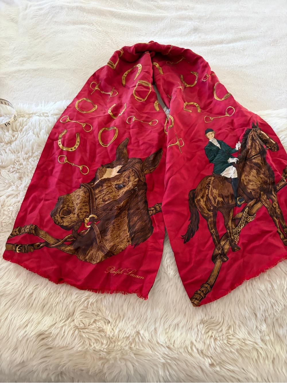 Equestrian Print Red Silk Scarf by Ralph Lauren Vintage ascot - Picture 4 of 14